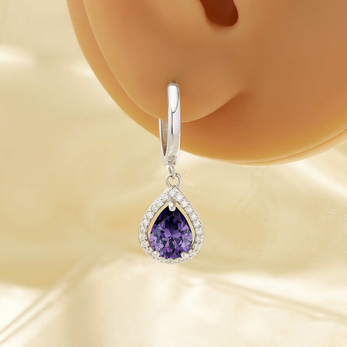 Pear Hoop Earrings With 6x8MM Pear Purple Cubic Zirconia,Solid 925 Sterling Silver Earring,Pave CZ Stone Earrings 6330009 - Click Image to Close