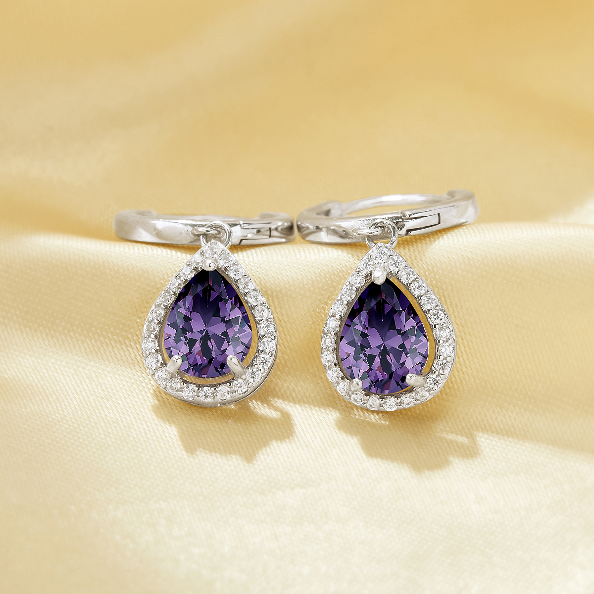 Pear Hoop Earrings With 6x8MM Pear Purple Cubic Zirconia,Solid 925 Sterling Silver Earring,Pave CZ Stone Earrings 6330009 - Click Image to Close