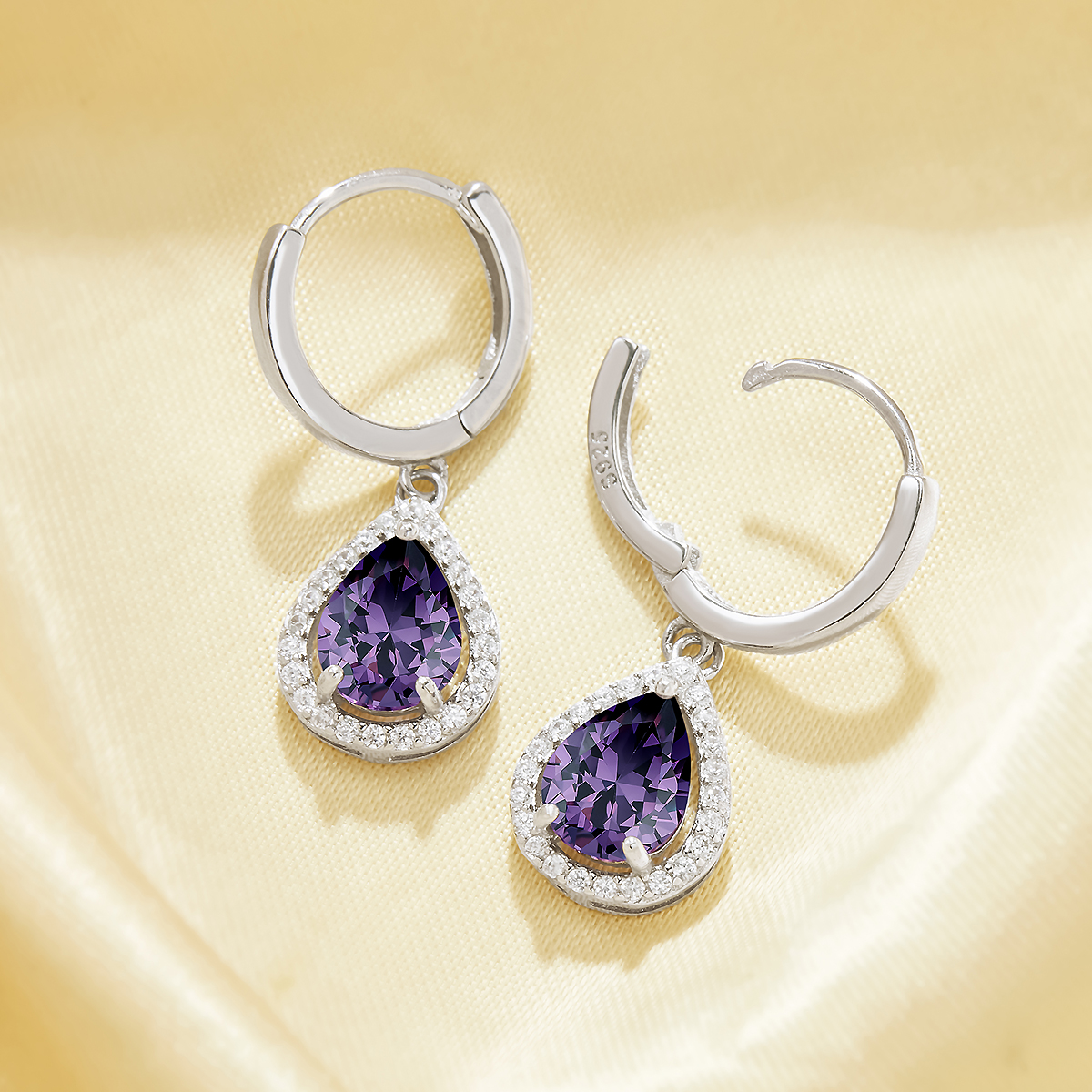 Pear Hoop Earrings With 6x8MM Pear Purple Cubic Zirconia,Solid 925 Sterling Silver Earring,Pave CZ Stone Earrings 6330009 - Click Image to Close