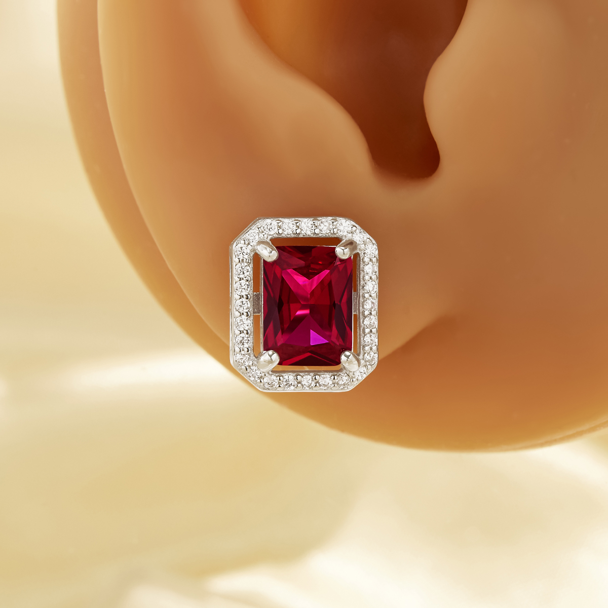 Rectangle Simulated Ruby Studs Earrings,Solid 925 Sterling Silver Earring,July Birthstone Earrings 6350006 - Click Image to Close