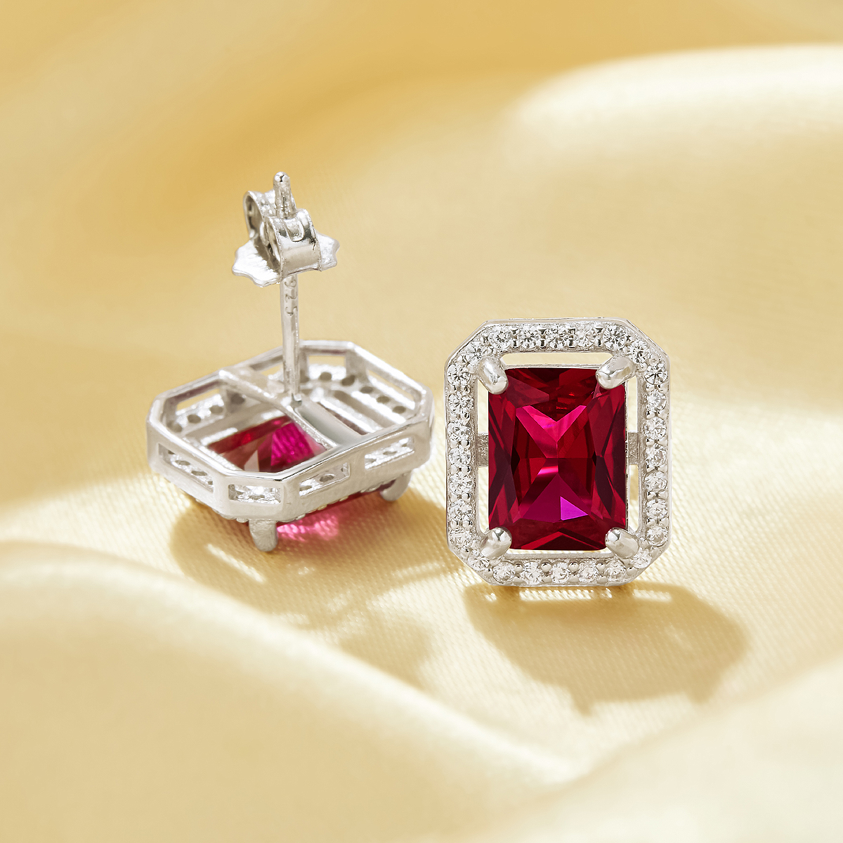 Rectangle Simulated Ruby Studs Earrings,Solid 925 Sterling Silver Earring,July Birthstone Earrings 6350006 - Click Image to Close