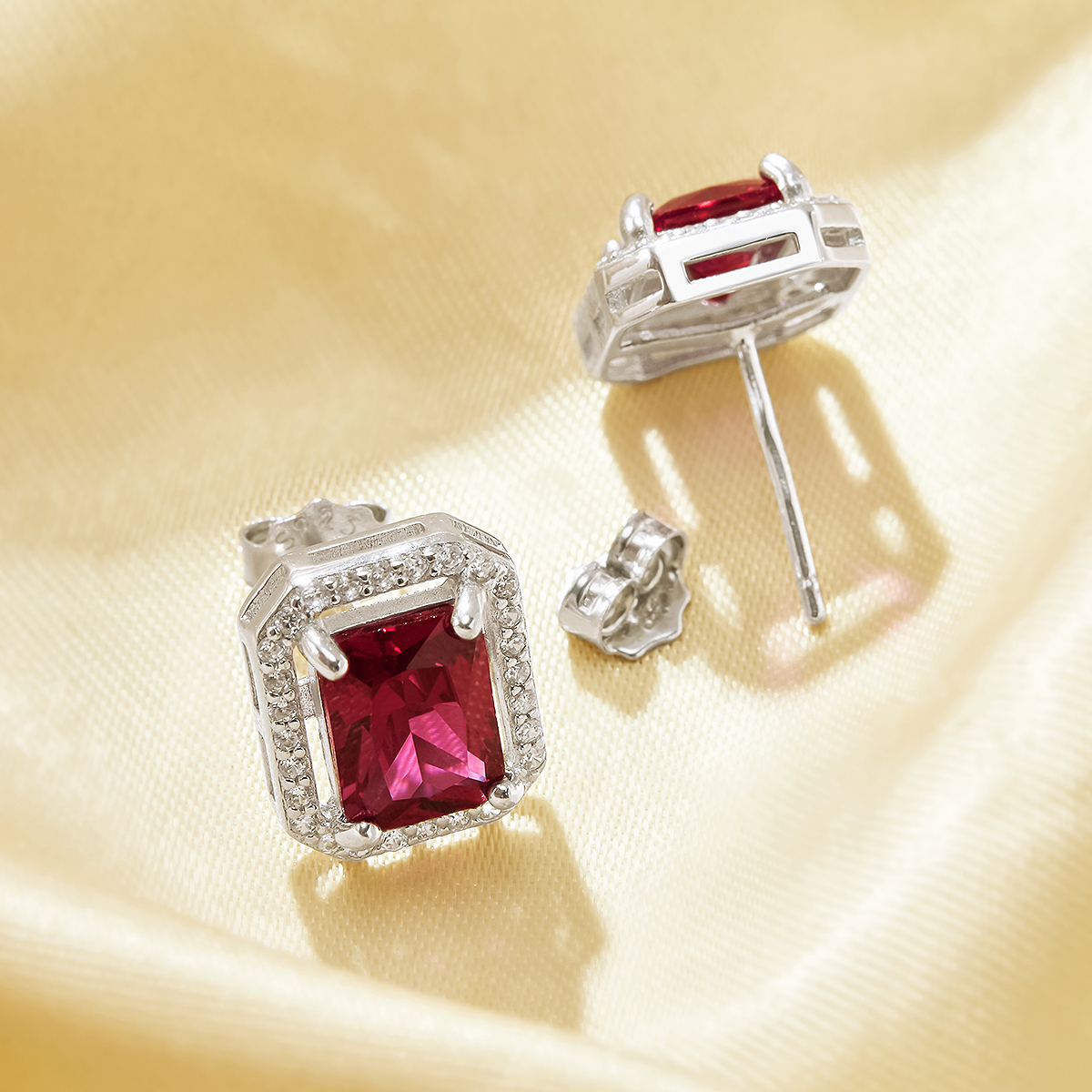 Rectangle Simulated Ruby Studs Earrings,Solid 925 Sterling Silver Earring,July Birthstone Earrings 6350006 - Click Image to Close