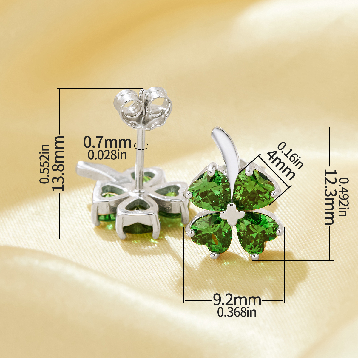 Dainty Lucky Four Leaf Clover Studs Earrings With 4 Stone 4MM Heart Green Cubic Zirconia,Solid 925 Sterling Silver Earring 6370021 - Click Image to Close