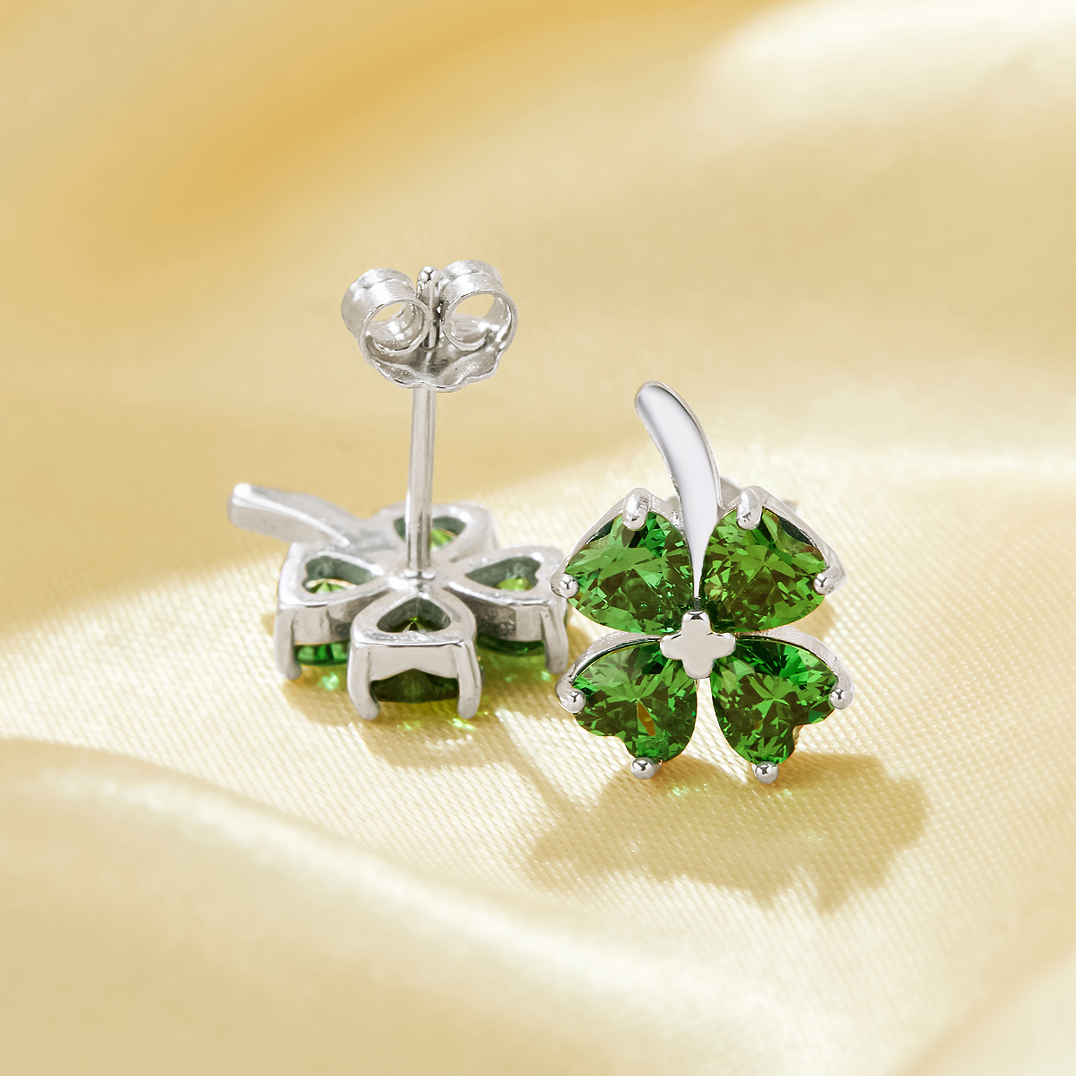 Dainty Lucky Four Leaf Clover Studs Earrings With 4 Stone 4MM Heart Green Cubic Zirconia,Solid 925 Sterling Silver Earring 6370021 - Click Image to Close