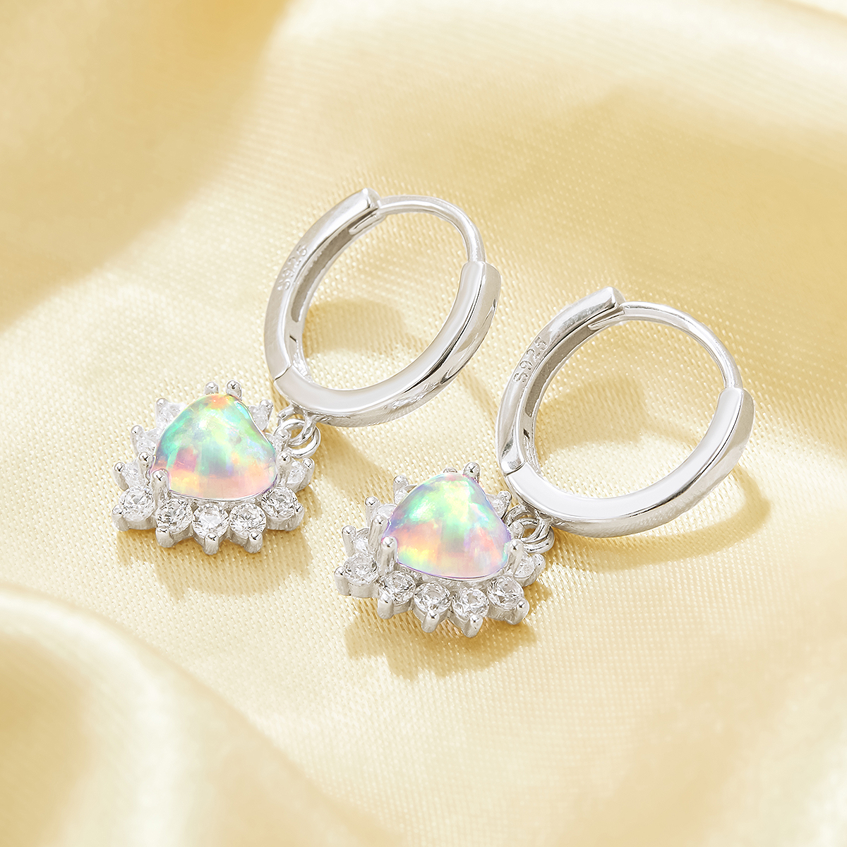 Heart Simulated Opal Hoop Earrings With 6MM Heart Color Change Simulated Opal,Solid 925 Sterling Silver Earring,October Birthstone Earrings 6370023 - Click Image to Close